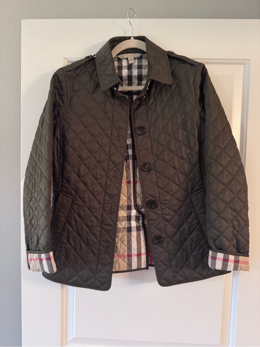 Burberry Brit Olive Green Diamond Quilted Jacket Check Lining size Small